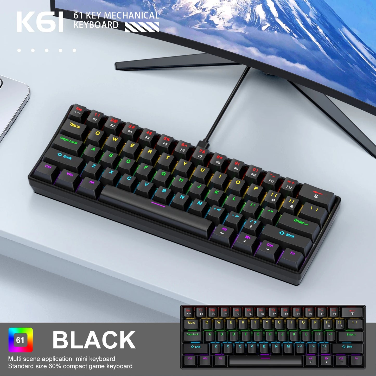 APAYADO K61 Mechanical Keyboard Wired, 61 Keys RGB 60% Portable Mini Keyboard Black,White, Red/Blue Switch for Gaming