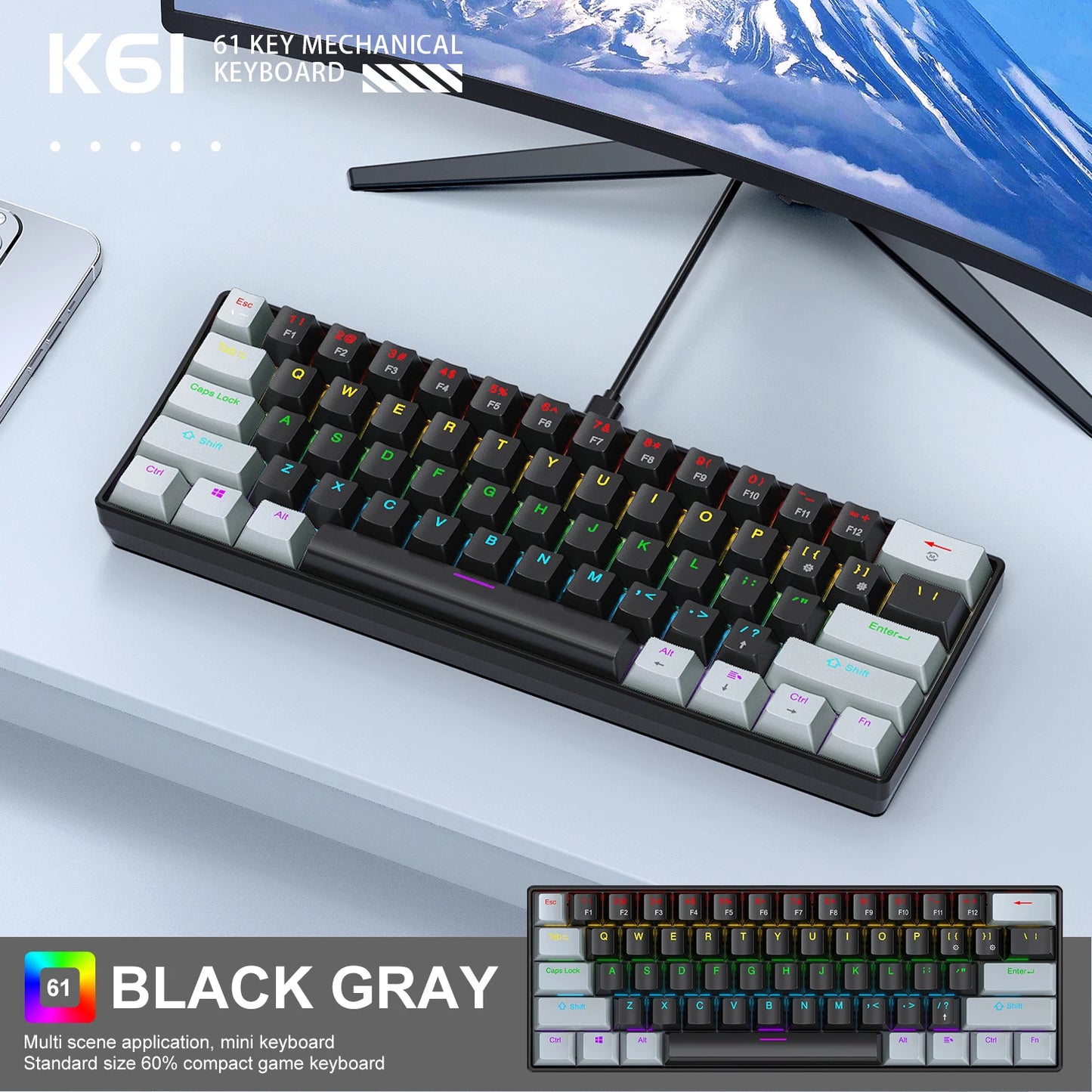 APAYADO K61 Mechanical Keyboard Wired, 61 Keys RGB 60% Portable Mini Keyboard Black,White, Red/Blue Switch for Gaming